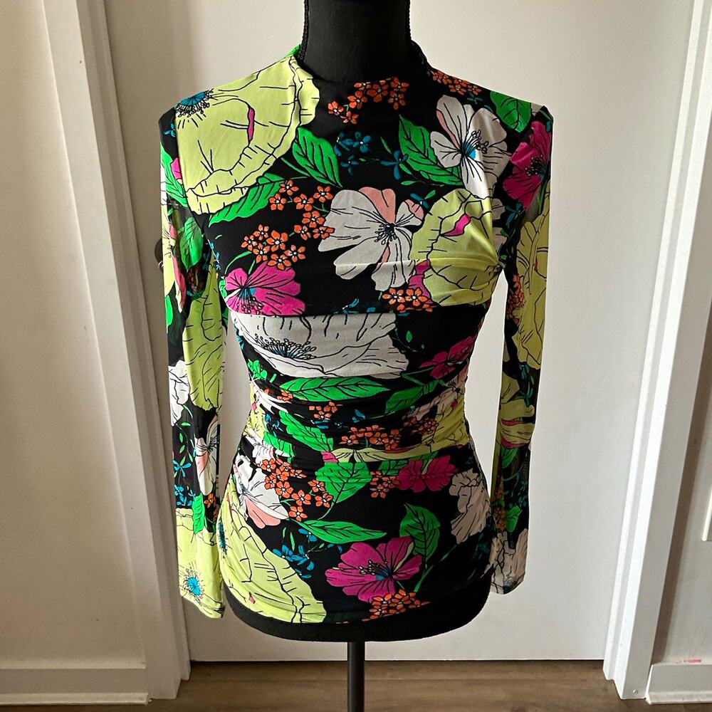 AFRM Multicolor Floral Mesh Ruched Mock Neck Long Sleeve Slim Top Size PS